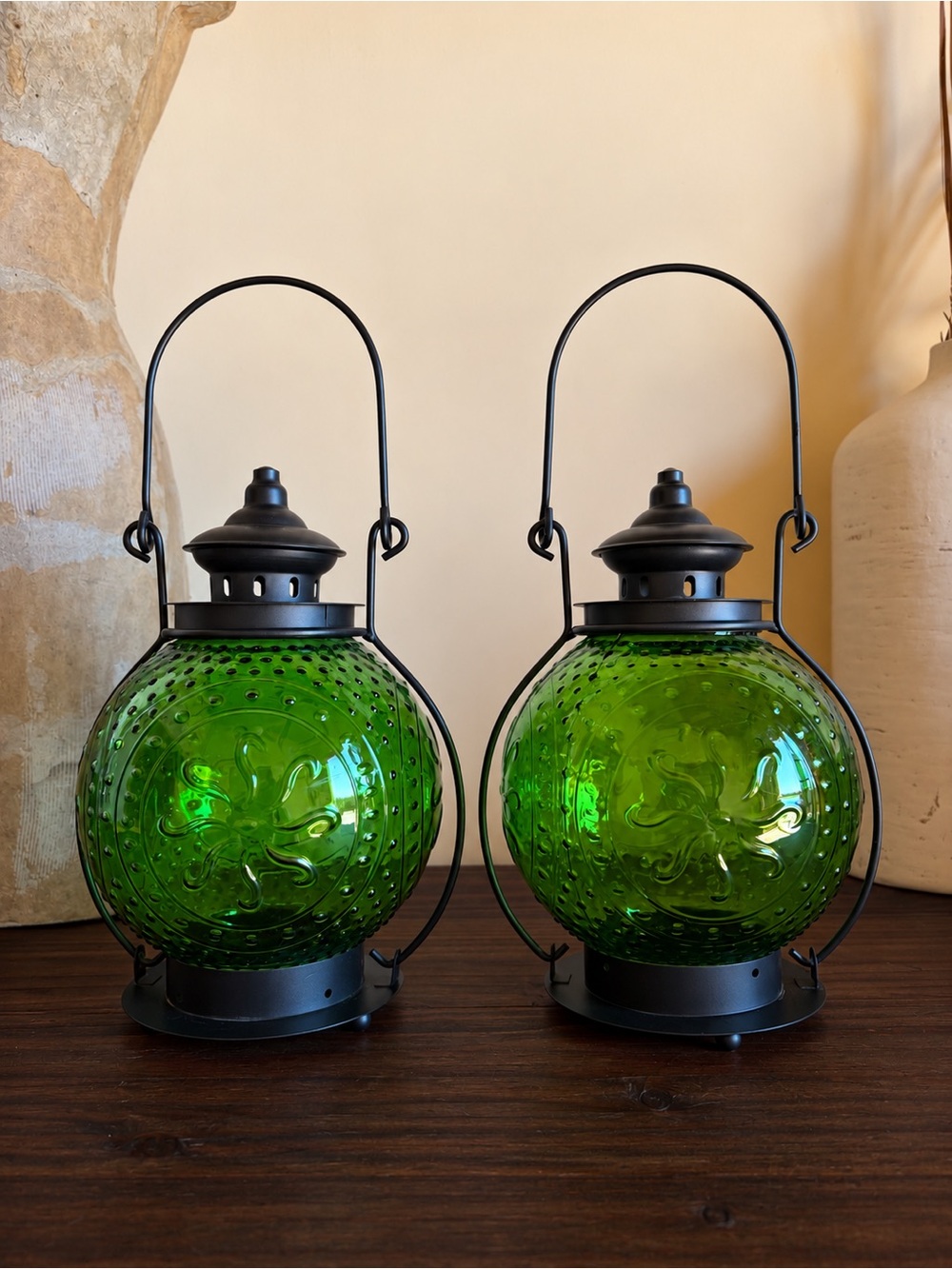 Vintage Pier 1 Green Embossed Glass Hanging Candle Lanterns - Pair